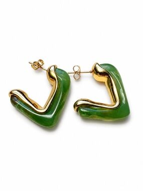 Green Resin Hoop Earrings, 18K Gold Plated, Modern Chunky Hoops, Gift for Her
